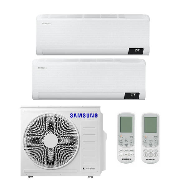 Samsung Wind-Free Comfort MultiSplit Duo wandtoestellen AR07TXFCAWKN + AR09TXFCAWKN + AJ040TXJ2KG | 2 kW + 2,5 kW - Wit